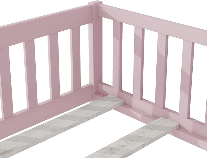 Bellemave Montessori Twin Floor Bed Frame with Fence and Removable Door, Low Profile Twin Size Montessori Bed Frame for Kids, Solid Wooden Floor Beds with Slats for Bedroom,Nursery, Pink