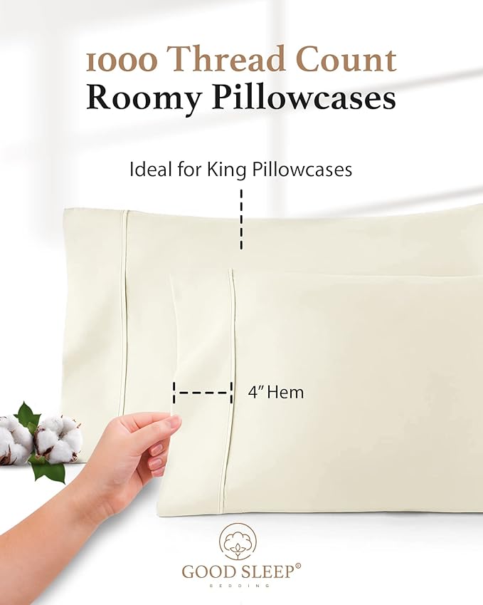 1000 TC Ivory King Pillowcases Set of 2 100% Egyptian Cotton Pillow Cases with Long Staple Cotton & Sateen Weave, Silky Soft Hotel - Like Bed Pillow Covers for Comfy Sleeping, Snug Fit