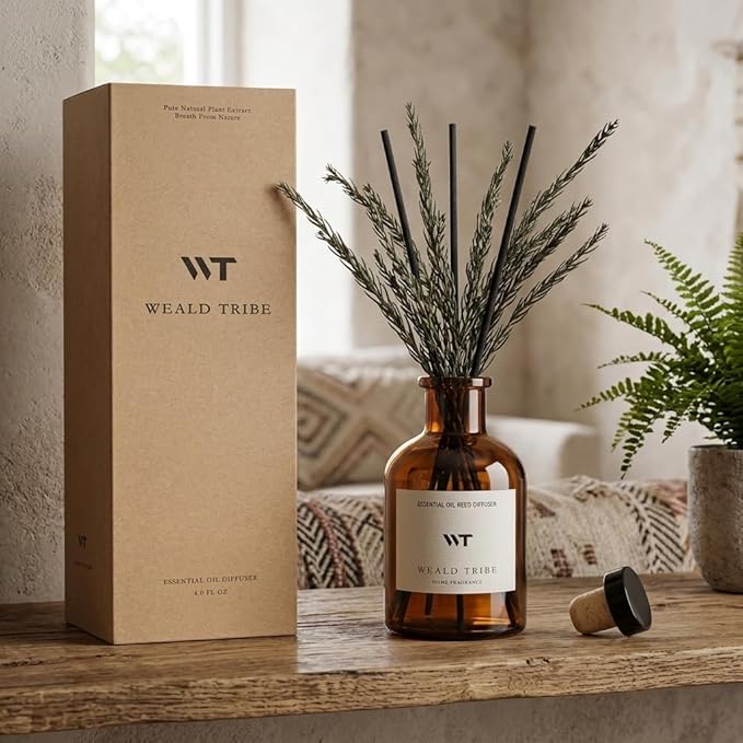 WEALD TRIBE Reed Diffuser Set for Bathroom Air Fresheners, Oil Diffuser Sticks with Flower | Balsam Fir Scent 4.0 fl oz Home Fragrance with Sticks Defusers | House Bedroom Office Shelf Decor