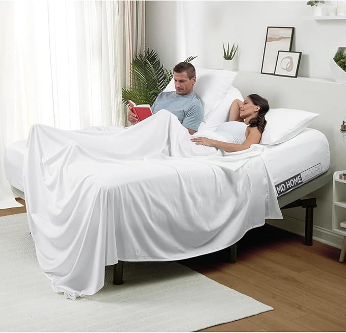 4 Piece Split Head Flex Sheet Set, 28" Top Split King Sheets for Adjustable Beds, 100% Egyptian Cotton, 16 Inch Deep Pocket, Soft Durable Breathable Sheets, White Solid, Ideal for Adjustable Beds