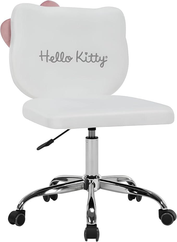 Impressions Vanity Hello Kitty Kawaii Swivel Vanity Chair for Makeup Room, Adjustable Height Desk Chair with Wheels Rolling, Comfy Foam Back (White)