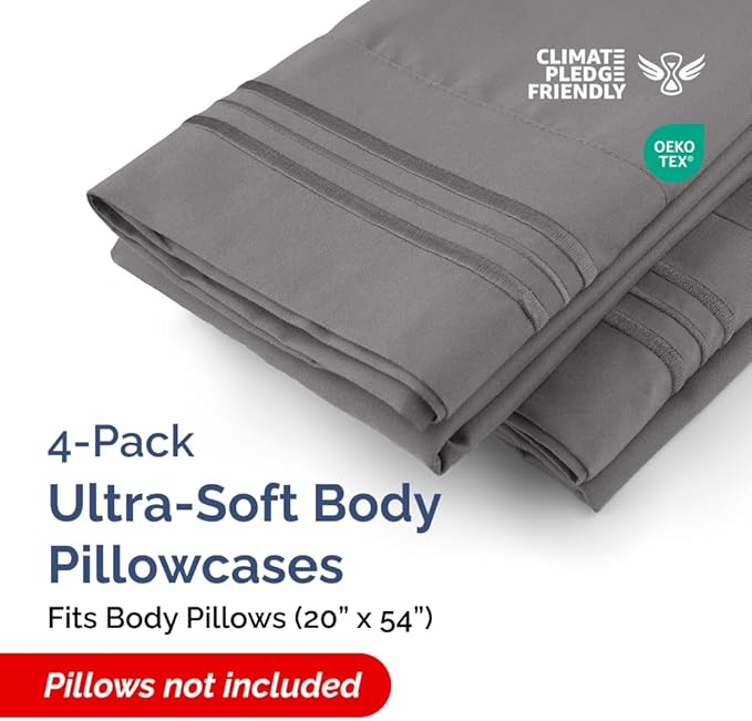Body Pillowcases Set of 4-20x54 Long Body Pillow Case - Soft Body Pillow Cover for Sleeping & Side Sleepers - Comfy, Breathable & Fade Free - Machine Washable with Envelope Enclosure - (Dark Grey)