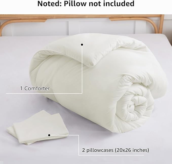 CozyLux Queen Comforter Set Ivory, 3 Pieces Solid Comforters Queen Size Breathable Quilted Bedding Sets, Luxury Soft Lightweight Bed Set with Down Alternative Comforter and 2 Pillowcases All Seasons