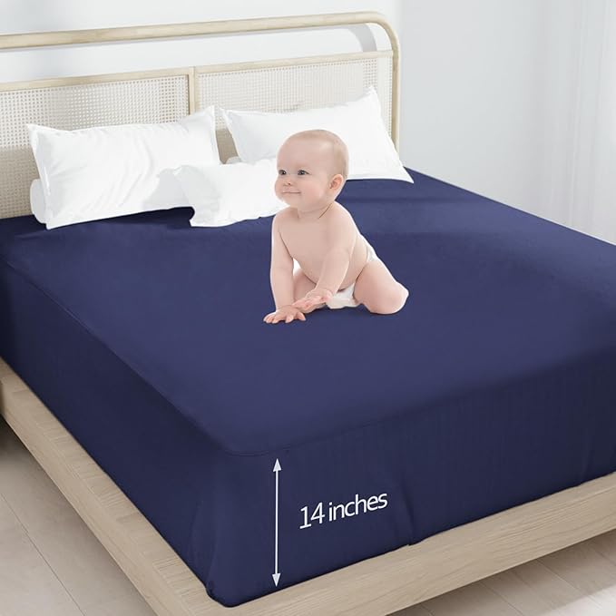 Twin Fitted Sheet Only, Twin Size Sheets for Kids Up to 14 Inches Deep Procket, Single Bed Mattress Sheets Stretchable Breathable Cover, Navy