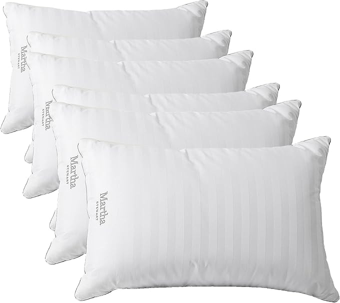 Martha Stewart Feather Down Pillow, Medium Soft, Queen | 100% Cotton | 500 Thread Count | Damask Stripe | Set of 2, Pack of 3
