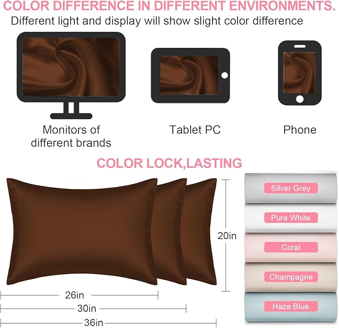 Silk Pillow Cases 2 Pack Standard Size with Hidden Zipper, Mulberry Silk Pillowcase for Hair and Skin, Smooth and Soft Breathable Cooling Silk Satin Pillowcase Set of 2, Gifts for Women，Brown