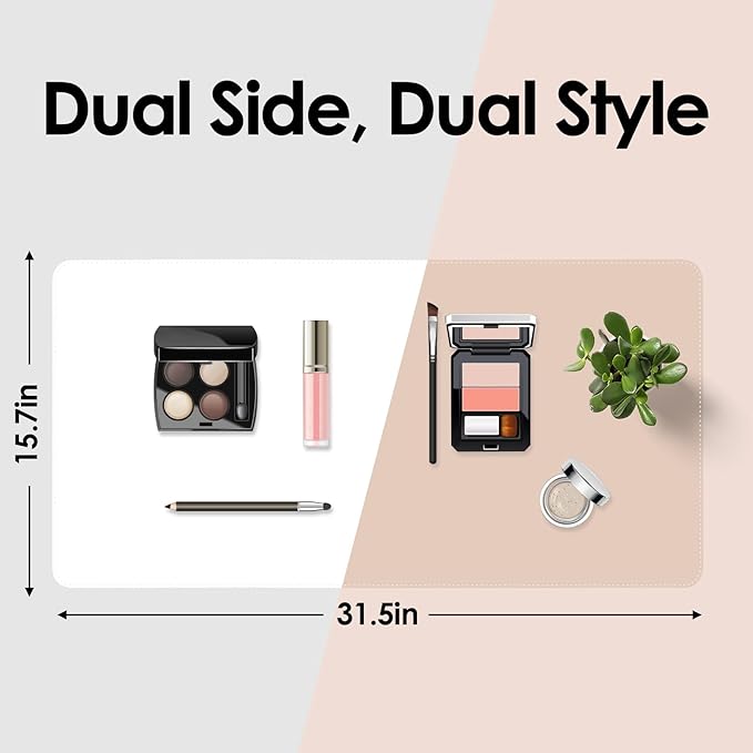 Makeup Mat for Vanity to Protect Desk Top 31.5 x 15.7 in, Dual-Sided Makeup Mat, Easy to Clean Desk Pad - Waterproof and Oilproof Vanity Accessories (White and Khaki)