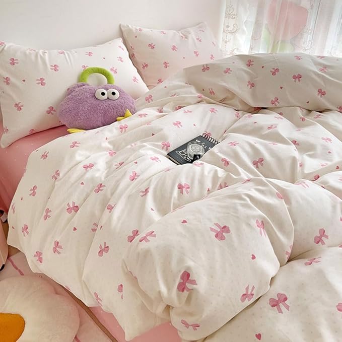 Nayoroom Pink Bow Duvet Cover Queen Size Heart Bows Printed Coquette Bedding Set 3 Pcs Kids Girls Cute Comforter Cover with Zipper Closure Soft Breathable Microfiber