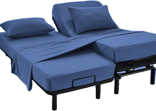 Kingnex Striped Split California King Sheets Sets for Adjustable Bed with Deep Pocket 5 Pieces Include 2 Cali Twin XL Fitted Sheets 1 Flat Sheet 2 King Size Pillowcases Navy