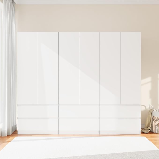 Armoire Wardrobe Closet with 6 Doors, Wooden Wardrobe Cabinet with 6 Drawers, Hanging Rod & Shelves, Freestanding Closets for Bedroom (White, 3)