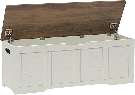 Timberer 47.2" Storage Chest, Extra Large Storage Trunk with 2 Safety Hinges, Wooden Storage Bench, Shoe Bench, Entryway Bench for Living Room, Bedroom, Brown and Rustic White