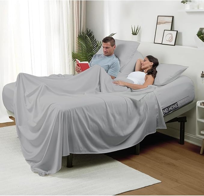 4 PC Split Head Flex Sheet Set, 39" Top Split King Sheets for Adjustable Beds, 100% Egyptian Cotton, 16 Inch Deep Pocket, Soft Durable Breathable Sheets, Light Grey Solid, Ideal for Adjustable Beds