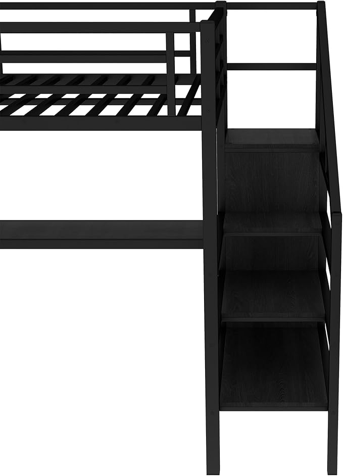 Full Size Loft Bed with L-Shaped Desk and USB, Metal Bed Frame with Wardrobe and Adjustable Shelf, High Loft Bed with LED and Guardrail for Teens Adults Bedroom, No Box Spring Needed, Black