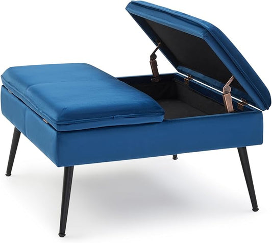 Square Ottoman with Storage, Large Oversized Ottoman Coffee Table, Double Flipping Lid & Mid-Century Modern & Velvet Style, Loads 660 lb, for Living Room, Bedroom, Entryway, Navy
