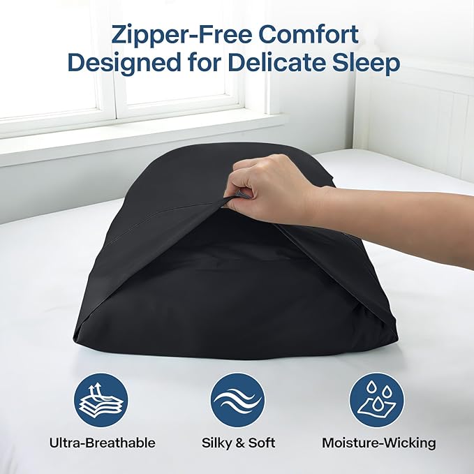 Premium Cooling Pillowcases King Size Set of 2 for Hot Sleeper & Night Sweats Beauty Sleep Reduces Wrinkles & Frizz Softer Than Silk Pillow Cover Oeko-TEX Certified Black Breathable