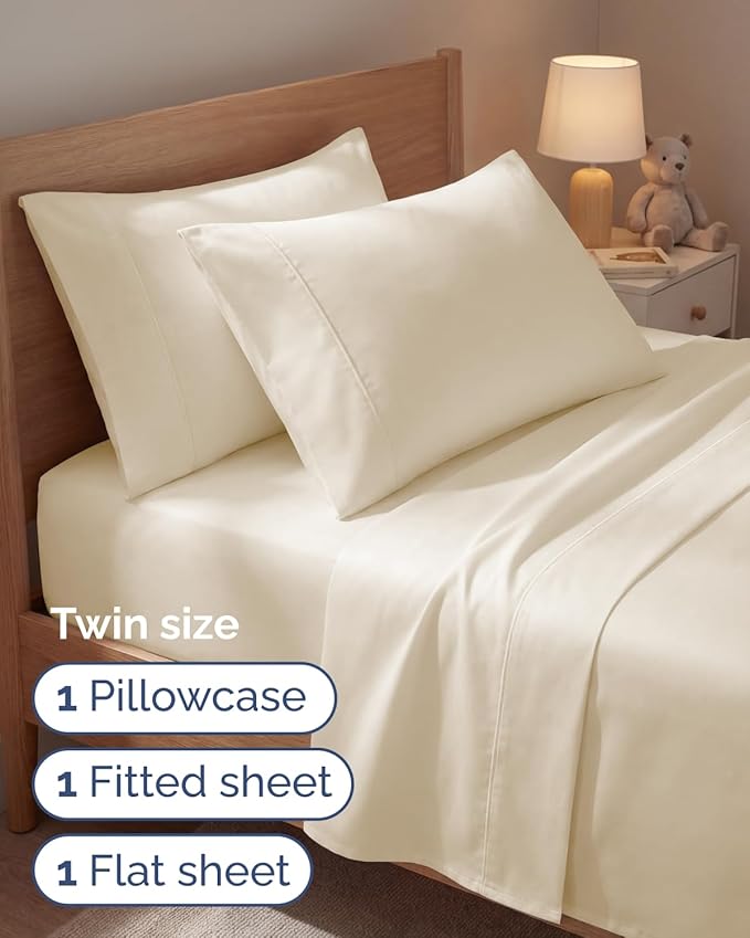 Twin 4 Piece Sheet Set - Comfy, Breathable & Cooling - Hotel Luxury Bedding for Women, Men, Kids, Teens & Children - 1 Flat & 1 Fitted Sheet & 2 Pillowcases w/ Deep Pockets - Wrinkle Free - Off White