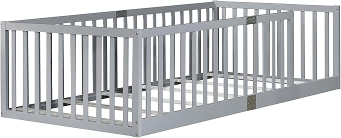 Bellemave Twin Size Montessori Floor Bed with 21.5" High Rails, Rubber Wood Twin Floor Bed with Slats, Gray
