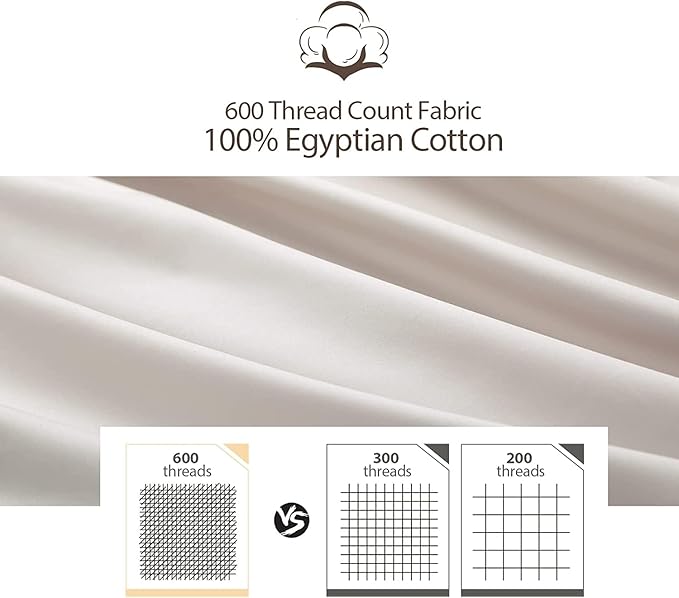 100% Egyptian Cotton Pillow Protectors Set of 4, 600 Thread Count King Size Bed Pillow Cases with Zipper, Sateen Weave Cooling Pillow Cases Quiet and Breathable Easy Care (4PCS, King, Light Beige)
