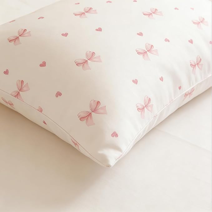 Nayoroom Pink Bow Duvet Cover Queen Size Coquette Pink Heart Duvet Cover 3 Pieces Soft Lightweight Microfiber Kids Girls Cute Aesthetic Dorm Bedding Set