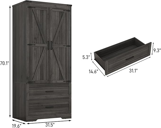Hlivelood 2 Doors Wardrobe Armoire Closet with Doors and Drawers, Farmhouse Wooden Armoire Storage Cabinet with Shelves & Hanging Rod for Bedroom, Grey