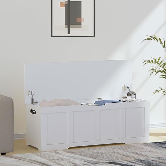 Timberer 47.2" Storage Chest, Extra Large Storage Trunk with 2 Safety Hinges, Wooden Storage Bench, Shoe Bench, Entryway Bench for Living Room, Bedroom, White
