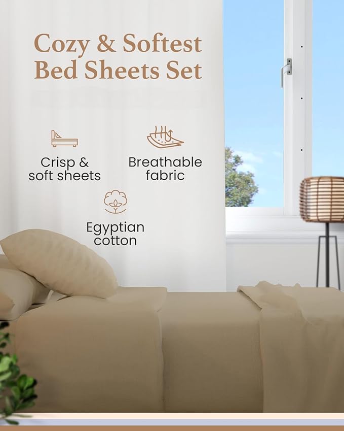 Good Sleep Bedding Twin XL Sheets - 100% Eyptian Cotton Twin XL Sheet Sets, 4Pc, Twin Extra Long Sheets College Dorm, Luxury Sateen Weave Bed Sheets, 16" Deep Pocket Sheet Set, Taupe