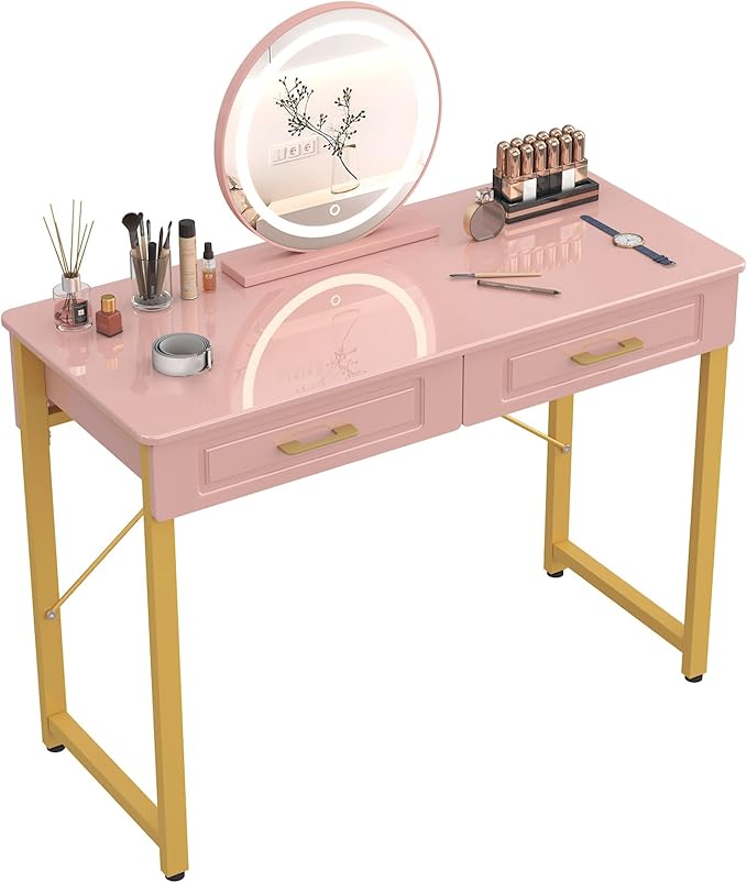 WESTREE Vanity Desk with 2 Drawers and Storage Shelf, Modern Makeup Table with Glossy Desktop, Gold Metal Frame Writing Desk for Bedroom or Home Office, No Mirror