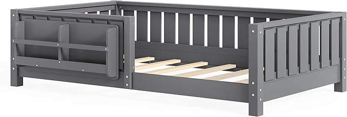Bellemave Twin Size Kids Montessori Bed with Bookshelf,Solid Wood Twin Floor Bed Frame with Fence and Slats for Girls Boys,Low-Profile,Gray