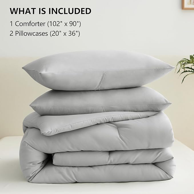 CozyLux King Size Comforter Set Light Grey, 3 Pieces Solid Comforters King Size Breathable Bedding Sets, Light Gray Luxury Soft Lightweight Bed Set with Down Alternative Comforter and 2 Pillowcases