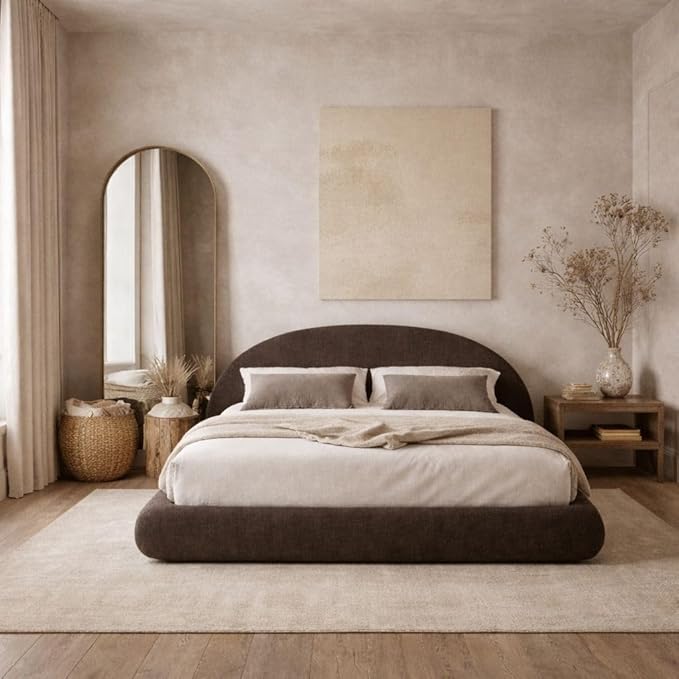 Round Bed – Washable Zip Cover - Upholstered Linen Soft Foam - Modular Minimalist Modern - Half Circle Moon - Sold Sold Separately (Brown Linen, Queen Base)