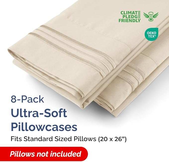 Standard Pillow Cases Set of 8 - Ultra Soft Hotel Quality Pillowcase Covers - Comfy, Cozy & Wrinkle Free - Shrink, Stain and Fade Resistant - Machine Washable Pillow Protectors - 8 Piece Set - Wheat