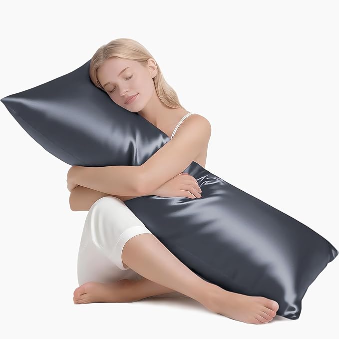 MR&HM Satin Body Pillow Cover, Soft and Breathable Body Pillow Case with Envelope Closure, Cooling and Silky Long Pillowcase for Hair and Skin,Grey (20x54, Space Grey)