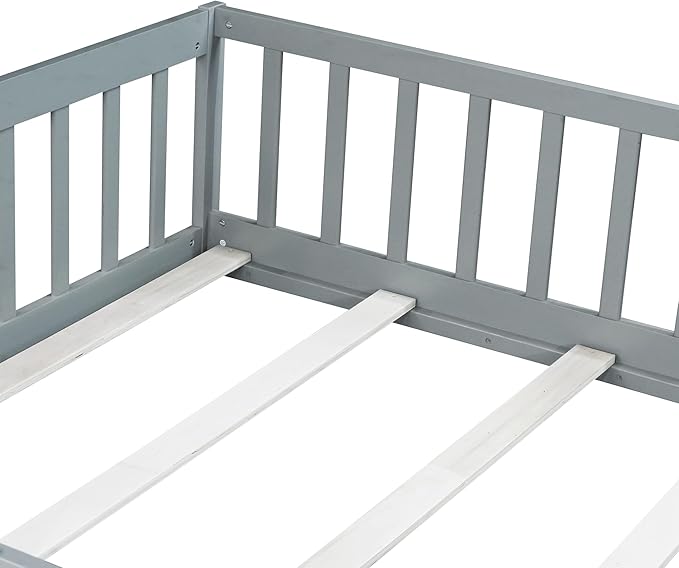 Bellemave Full Size Floor Bed with Slats and Safety Guardrail, Full Size Montessori Floor Bed with Fence and Door, Easy Assemble Montessori Beds for Kids, Girls, Boys, Gray