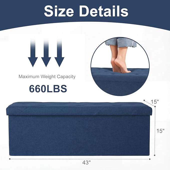 DUMOS Foldable Storage Ottoman Bench 43in, Storage Chest, Large End of Bed Foot Rest Stool with Padded Seat, Bedroom Bench for Living Room, Support 660lbs, Blue