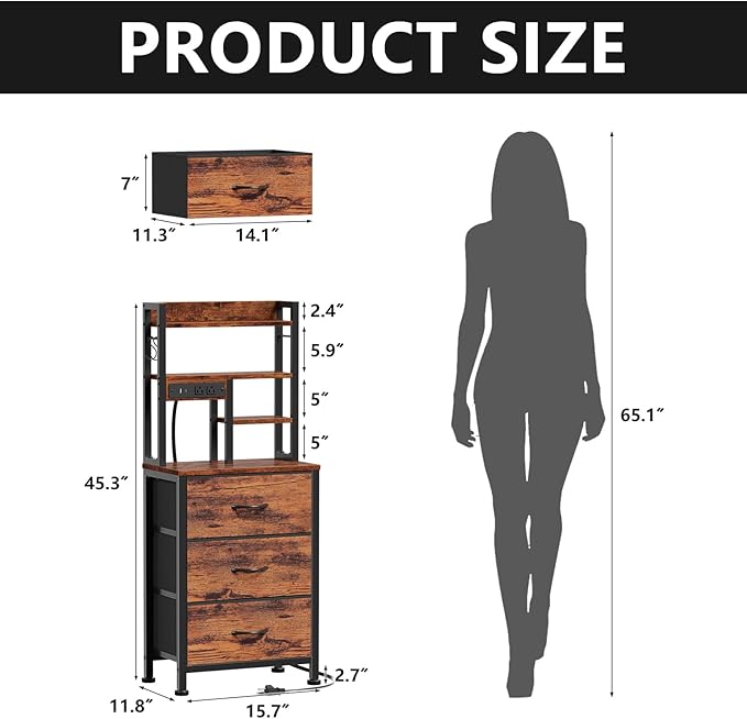 Furnulem Night Stand Set 2, LED Nightstand with Charging Station, 3 Fabric Drawers and 4 Tier Storage Shelf, Bedside End Table for Bedroom, Dorm, Office, Rustic Brown