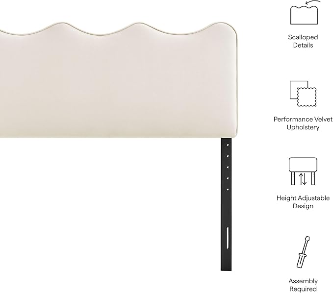 Monday Athena King Size Performance Velvet Adjustable Headboard in Alabaster - with Scalloped Wave Design and Stain-Resistant Velvet Upholstery