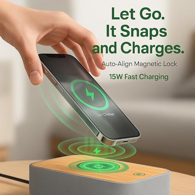 REACHER 15W Fast Magnetic Wireless Charging Alarm Clock with White Noise Machine, Woodgrain Style, 20 High‑Fidelity Sounds, Gradual Wake & Snooze, 0–100% Dimmable Digital Clock, Bedroom & Office