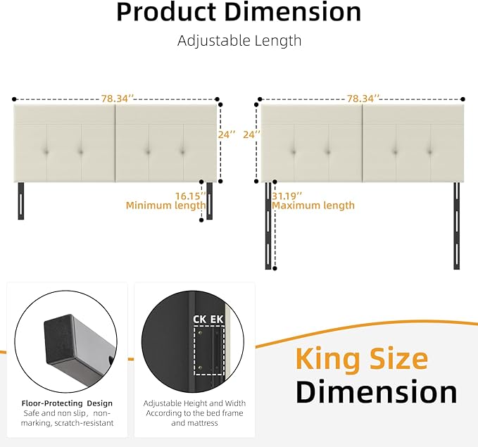 King Headboard Only with Adjustable Metal Legs, Faux Leather Upholstered Headboard King Size, Modern Stylish Headboard with Sunken Dot Design, Sturdy Bed Headboard for Bedroom, Ivory