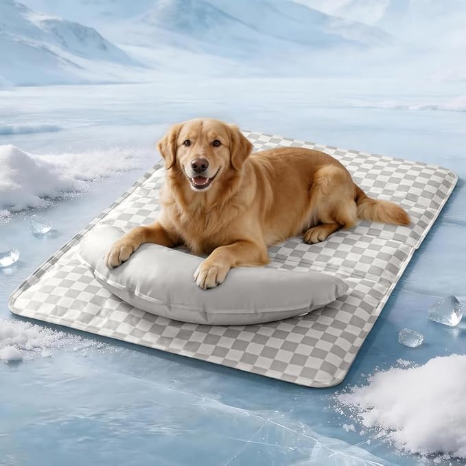 SOMAHE Pet Cooling Mats Pad for Dogs, Portable Summer Self-Cooling Mat with Removable Crescent Pillow for Large Dogs (Q-Max>0.5), Non-Toxic, All-Day Cooling, 35 x 24 Inches Grey