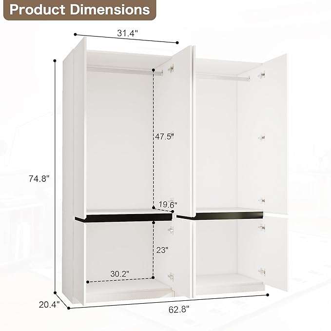 White Armoire Wardrobe Closet: 74" Large Wardrobe Closet with 4 Doors, Wood Closets Cabinet for Hanging Clothes, Freestanding Bedroom Armoires (63 in-4 Doors)