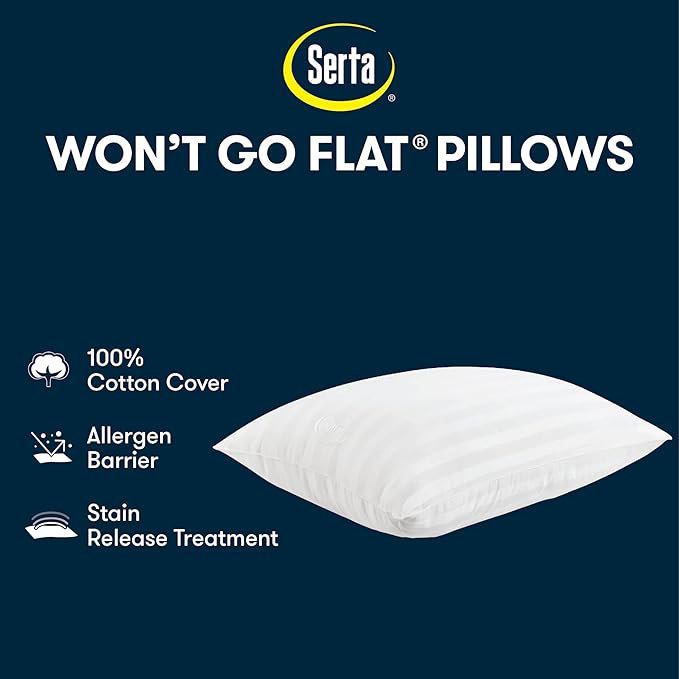 Serta Won't Go Flat Standard/Queen Size Set of 2 Down Alternative Bed Pillows, Extra Life Foam Core with Medium Support, Perfect for Back, Stomach or Side Sleepers, White