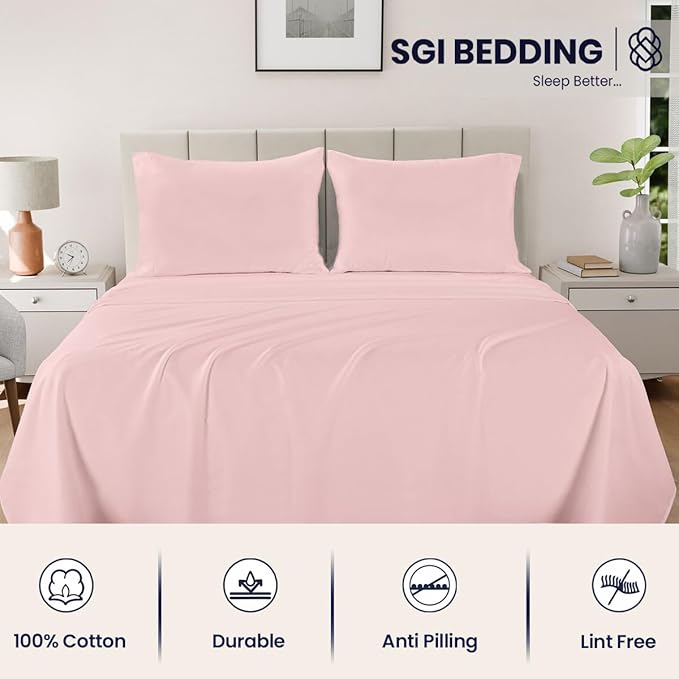 SGI bedding 100% Egyptian Cotton Sheets Twin XL Size – 600 Thread Count Sheets Set, Soft, Cooling, 15" Deep Pocket, Luxury Hotel Bedding, Breathable, Durable - Blush