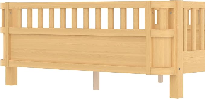 Bellemave Full Size Montessori Bed with Fence and Slats, Full Size Low Platform Bed Frame with Detachable Side Bed Rails and Rounded Corner Design, Easy Assemble Montessori Bed Natural