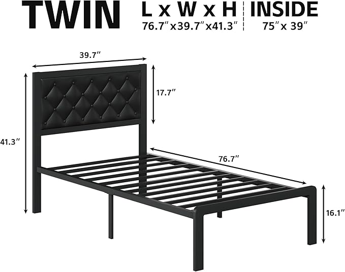 Fluest Twin Bed Frame with Headboard PU Leather Upholstered Bed Frame Platform,All Metal Slats Support Platform Bed Frame with Storage Space,Easy Assembly,Noise Free,No Box Spring Needed,Black