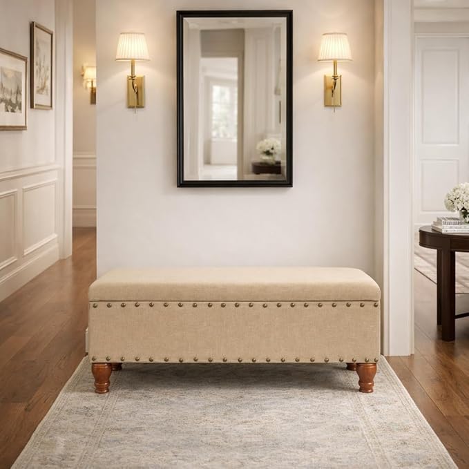 HomePop Large Rectangle Storage Bench with Nail Head Trim - Tan Linen
