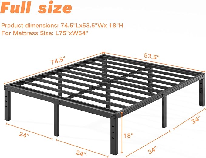 18 Inch Bed-Frames-Full, Heavy Duty Black Tall Metal Bed Frame No Box-Spring Needed, Easy Assembly, Under Bed Storage, Noise Free Mattress-Foundation Support up to 2000Lbs