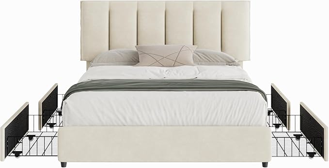 VECELO Queen Size Bed Frame with 4 Storage Drawers, Adjustable Height Headboard, Heavy-Duty Platform Bedframe with Strong Wooden Slats, No Box Spring Needed, Pale Beige