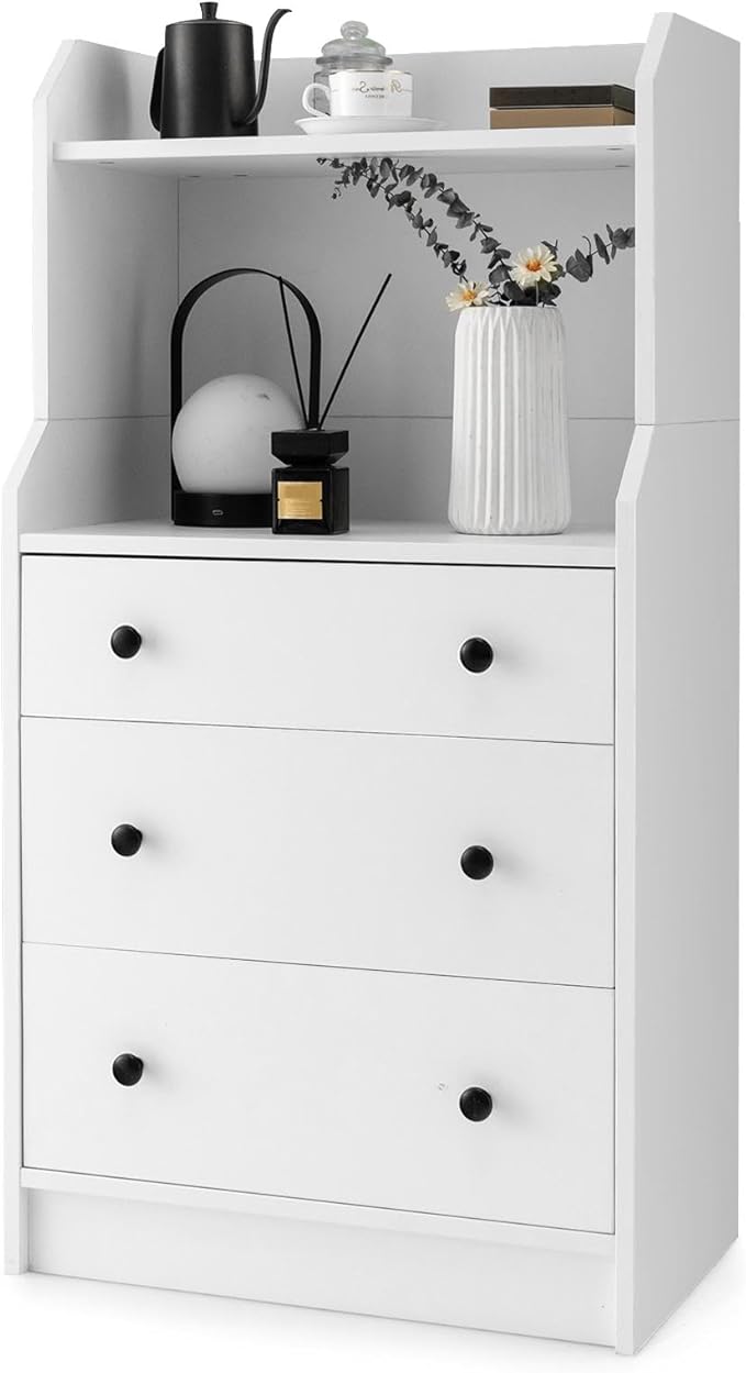 Tall 3 Drawers Dresser, Wood Chest of Drawers with 2 Open Shelves, Modern Nightstand with Anti-Toppling Device, Home Storage Cabinet Dresser Closet for Bedroom, Living Room, Entryway (White)
