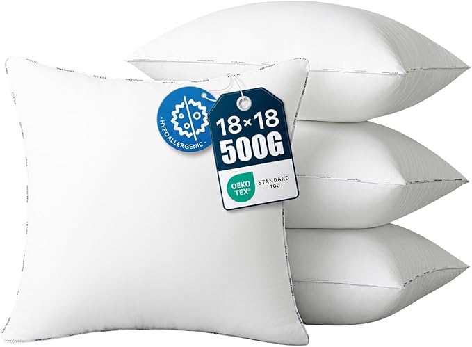 Phantoscope Hypoallergenic Throw Pillows Insert, 100% Virgin Fiber Throw Pillows - Indoor Pillow Inserts Decor Stuffer for Desk Sofa and Couch, Set of 4, 18 x 18