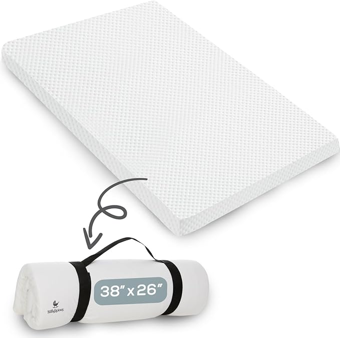 Babylicious Waterproof Pack and Play Mattress Pad - 38" x 26" | Roll Up Style - Breathable Soft Memory Foam - Portable Mattress Topper- Baby Foam Mattresses for Babies - Includes Easy Carry Buckle